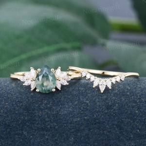 Pear shaped Moss Agate engagement ring set vintage Unique yellow gold ring Marquise moissanite ring Cluster wedding set Anniversary ring