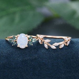 Oval cut Opal engagement ring set vintage rose gold Moss agate engagement set branch Marquise Cut Diamond wedding ring set anniversary gift