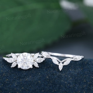 Unique Moissanite engagement ring set vintage White gold ring set Marquise cut diamond Cluster wedding set Bridal ring dainty Annual ring