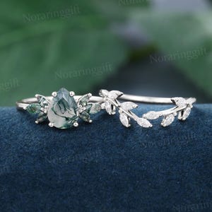 Conjunto de anillo de compromiso de ágata musgosa natural en forma de pera Anillo de moissanita de oro blanco vintage Anillo de boda de diamantes marquesa Branch Anillo de aniversario