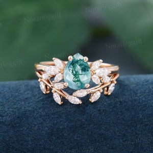 Pear shaped Moss Agate engagement ring set vintage Unique rose gold Branch engagement set Marquise diamond Cluster wedding set Bridal set image 4