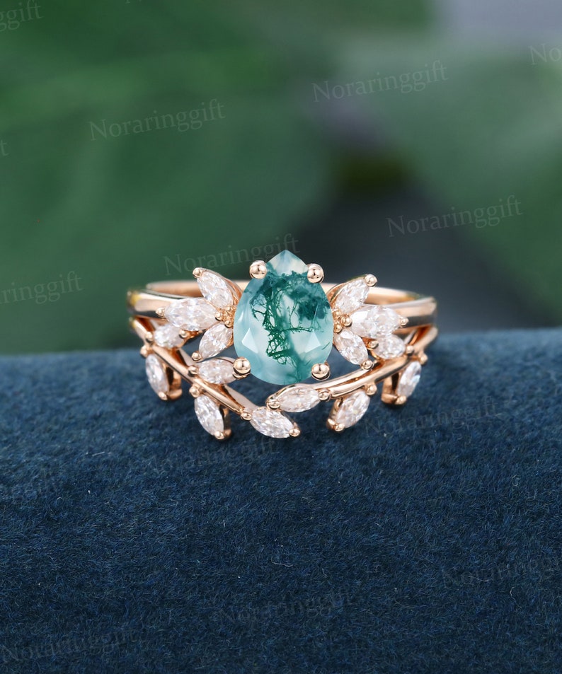 Pear shaped Moss Agate engagement ring set vintage Unique rose gold Branch engagement set Marquise diamond Cluster wedding set Bridal set image 4