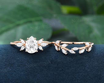 Pear shaped Moissanite engagement ring set vintage Unique rose gold ring Branch band Marquise diamond ring Bridal set anniversary ring
