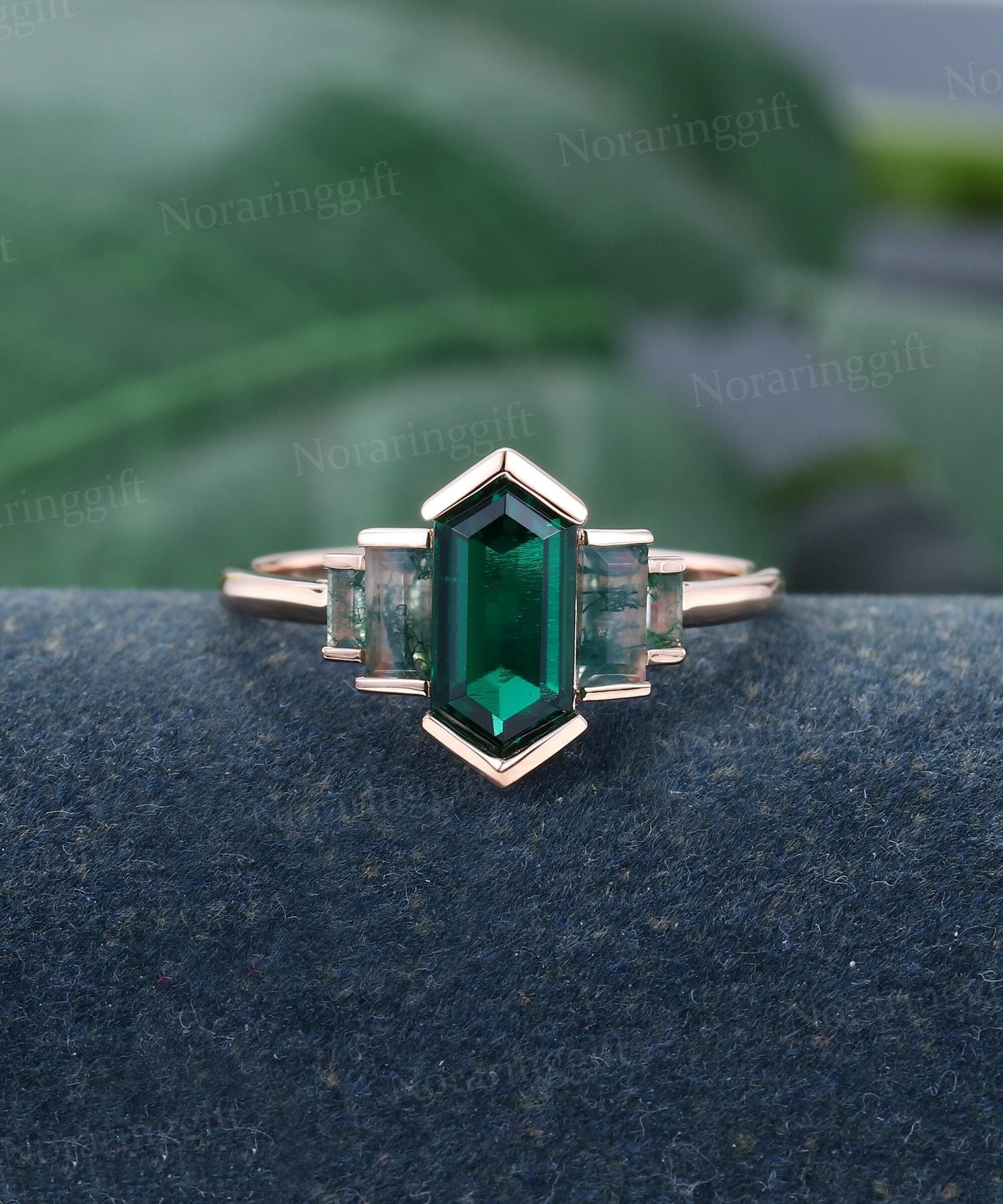 Elongated Hexagon cut Emerald engagement ring Unique rose gold Bezel ring Baguette moss agate ring Bridal ring promise ring Annual ring
