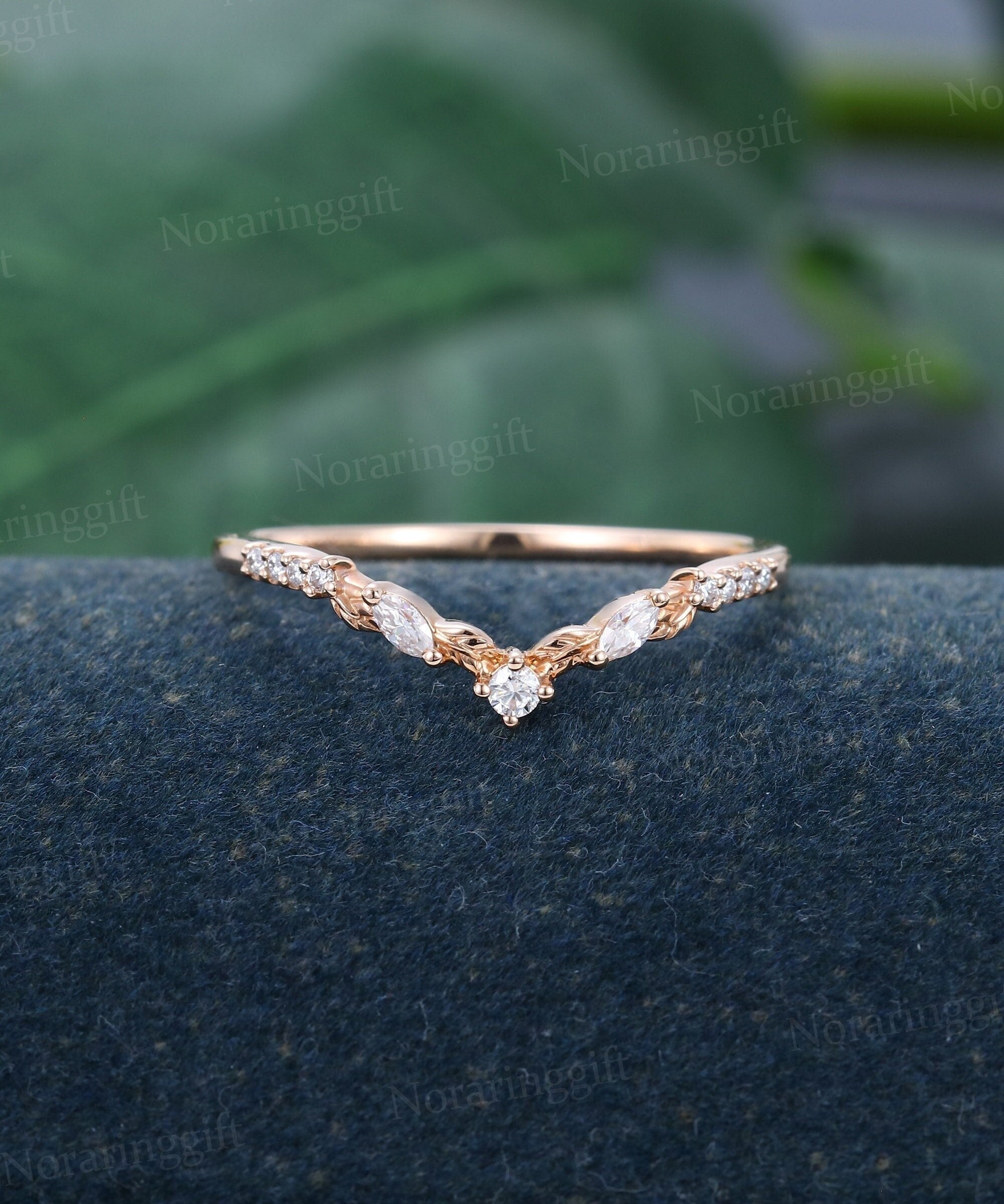 Marquise Cut Moissanite Curved Wedding Band Vintage Delicate Rose Gold ...