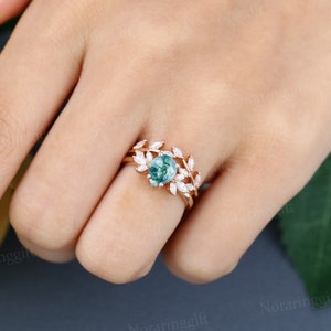 Pear shaped Moss Agate engagement ring set vintage Unique rose gold Branch engagement set Marquise diamond Cluster wedding set Bridal set image 2