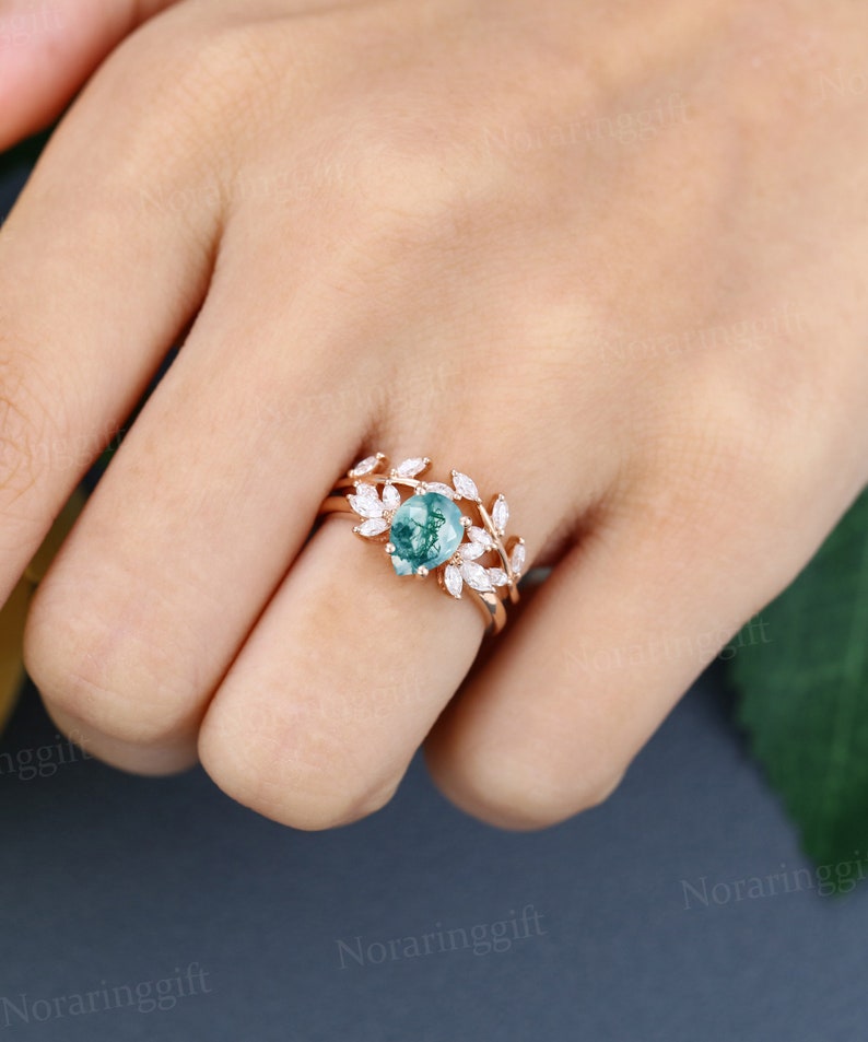 Pear shaped Moss Agate engagement ring set vintage Unique rose gold Branch engagement set Marquise diamond Cluster wedding set Bridal set image 2