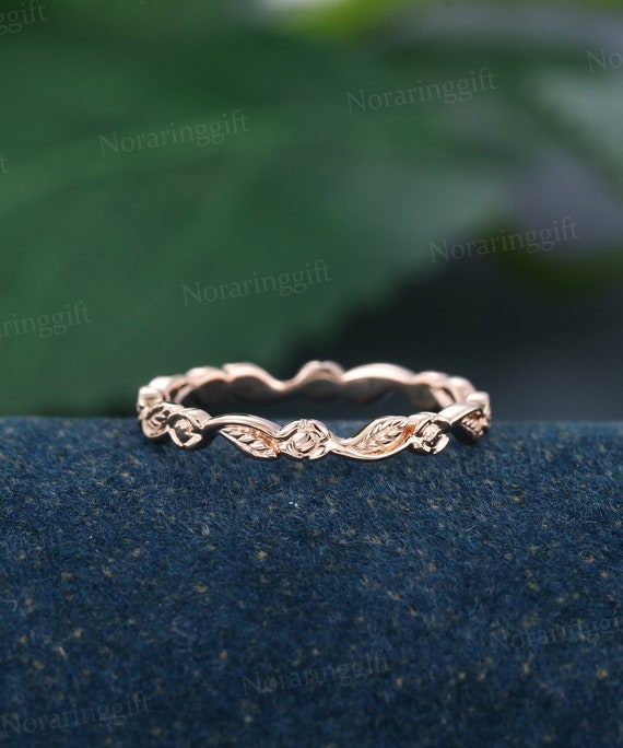 Antique Solid Rose Gold Wedding band Unique Vintage Floral Filigree Wedding  ring Plain Gold Matching ring Stacking band Promise ring
