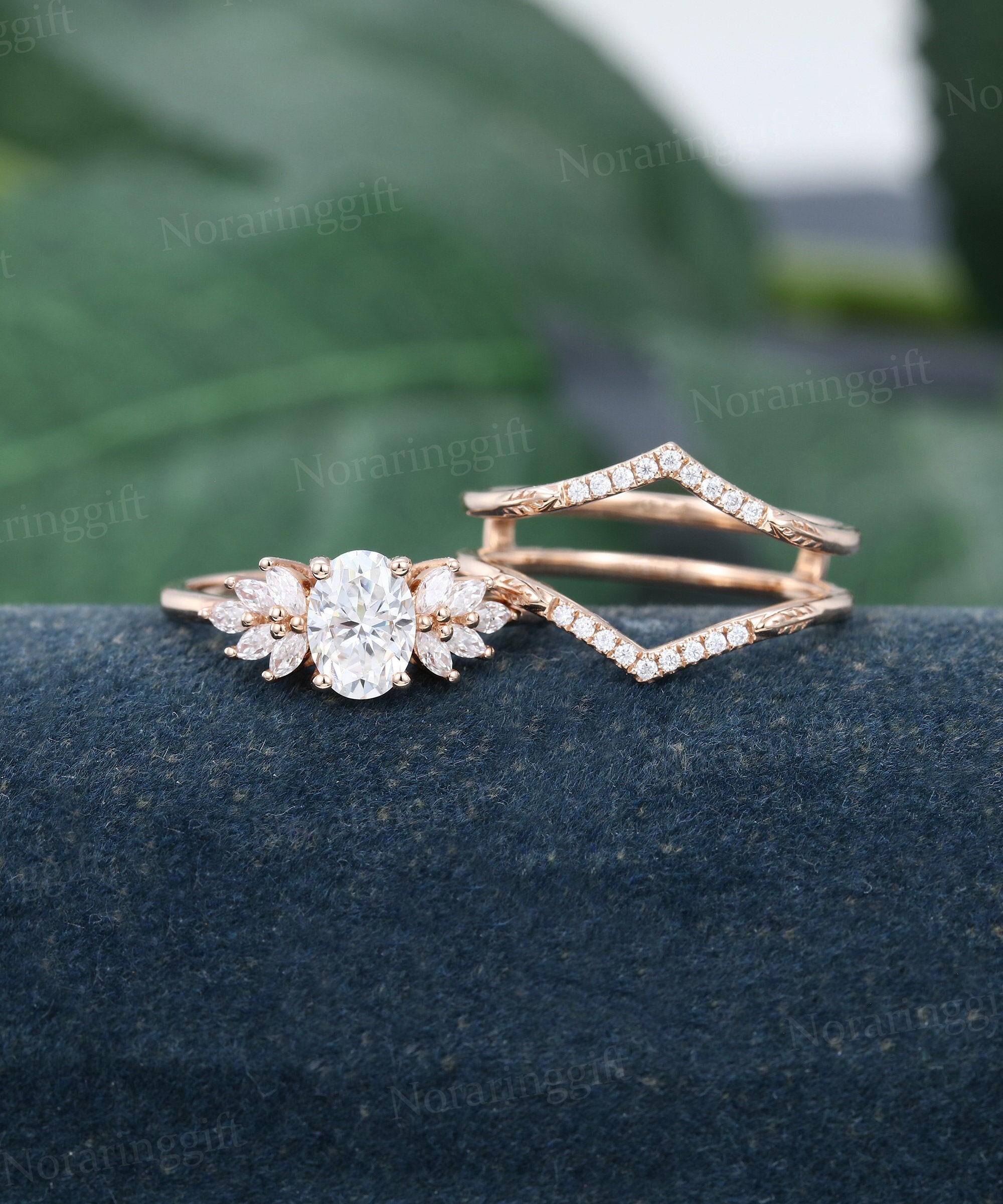 Oval cut Moissanite engagement ring set vintage Unique rose gold Marquise cut Diamond ring set Cluster ring Enhancer wedding set Bridal set