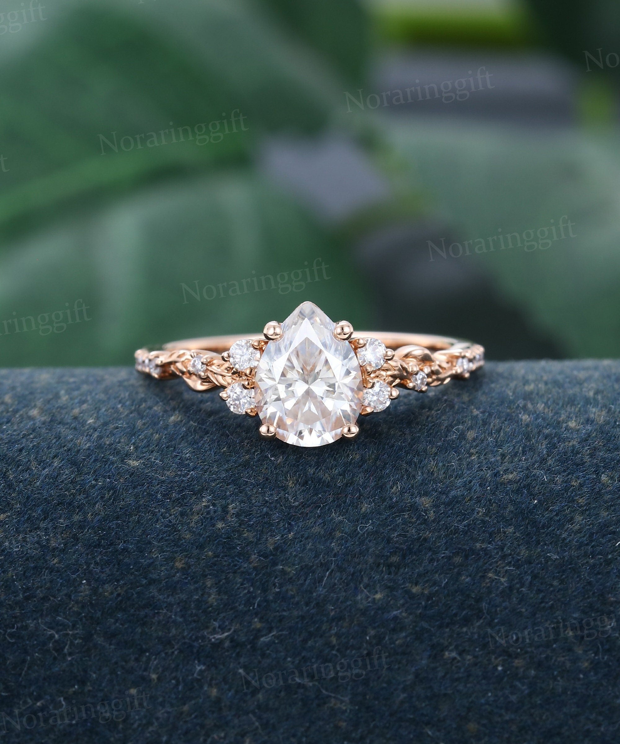 Pear shaped Moissanite engagement ring vintage rose gold ring diamond ring Unique Leaf ring Bridal ring promise ring Anniversary gift