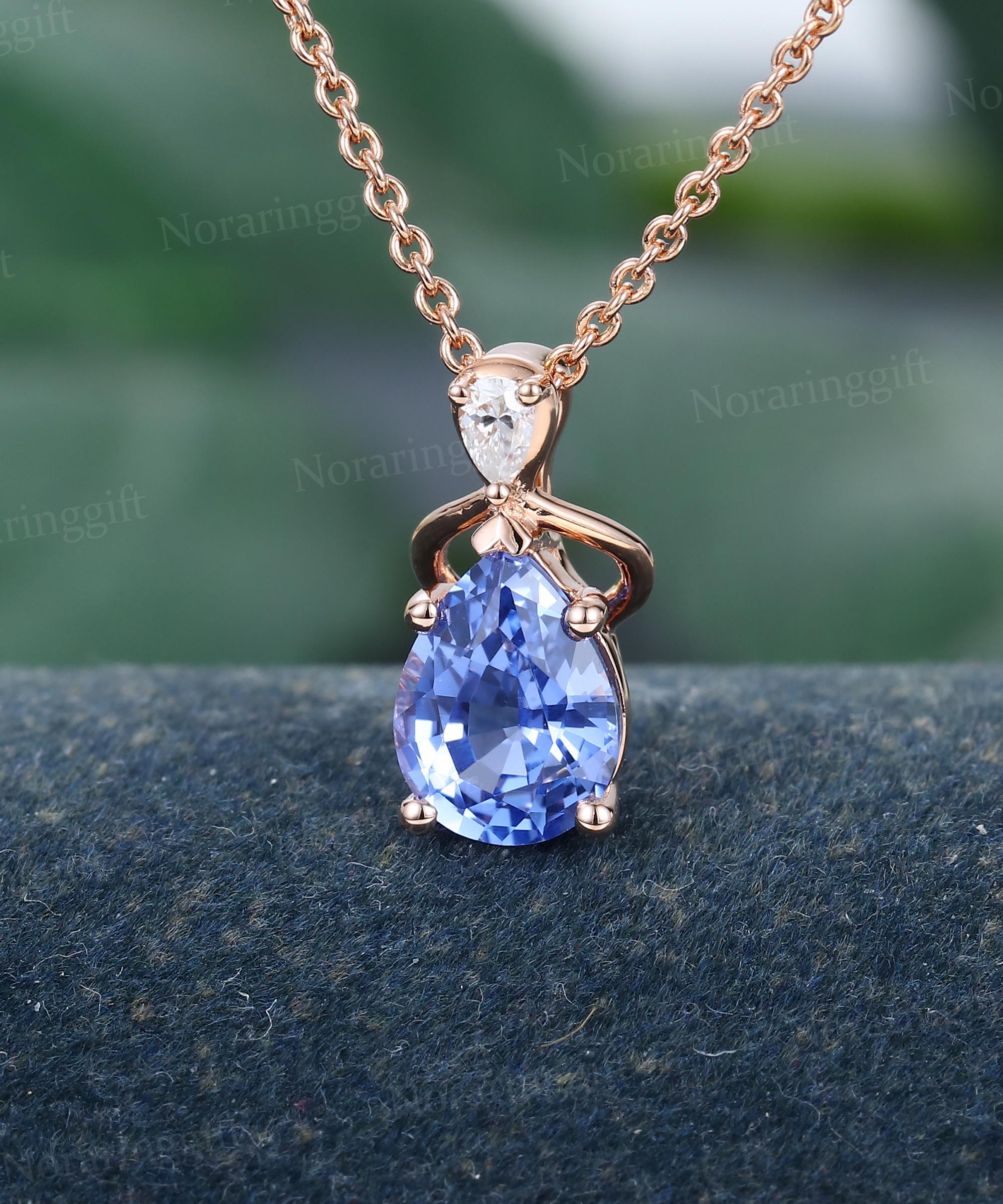 Unique Pear Cornflower Blue Sapphire Pendant Vintage Rose Gold