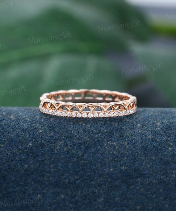 Unique Moissanite Wedding Band Delicate Rose Gold Hollow-out Ring