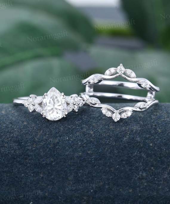 Pear Shaped Moissanite Engagement Ring Set Unique White Gold Ring