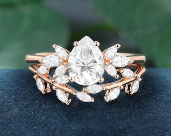 Pear shaped Moissanite engagement ring set vintage Unique rose gold ring Branch band Marquise diamond ring Bridal set anniversary ring