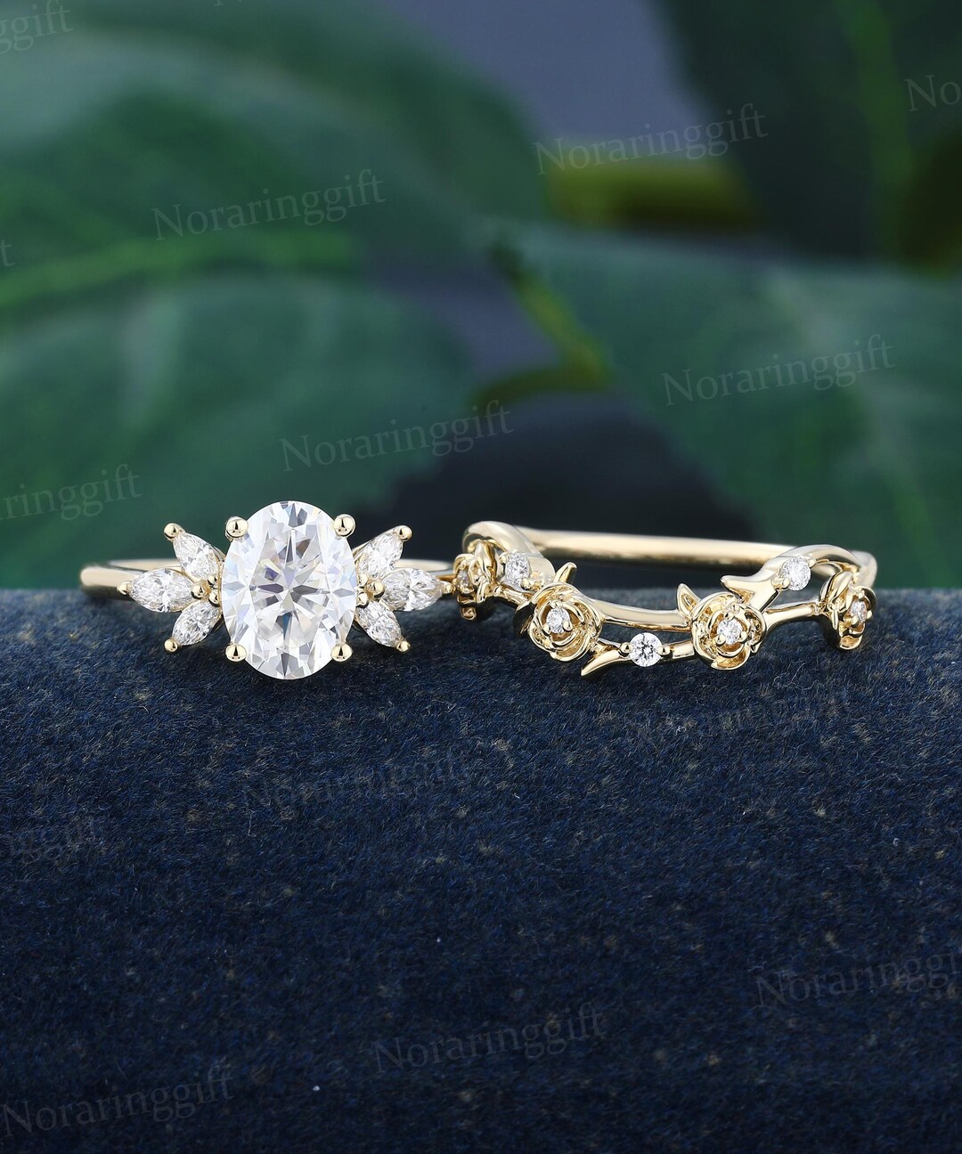 Oval Cut Moissanite Engagement Ring Set Vintage Unique Yellow Gold Ring ...