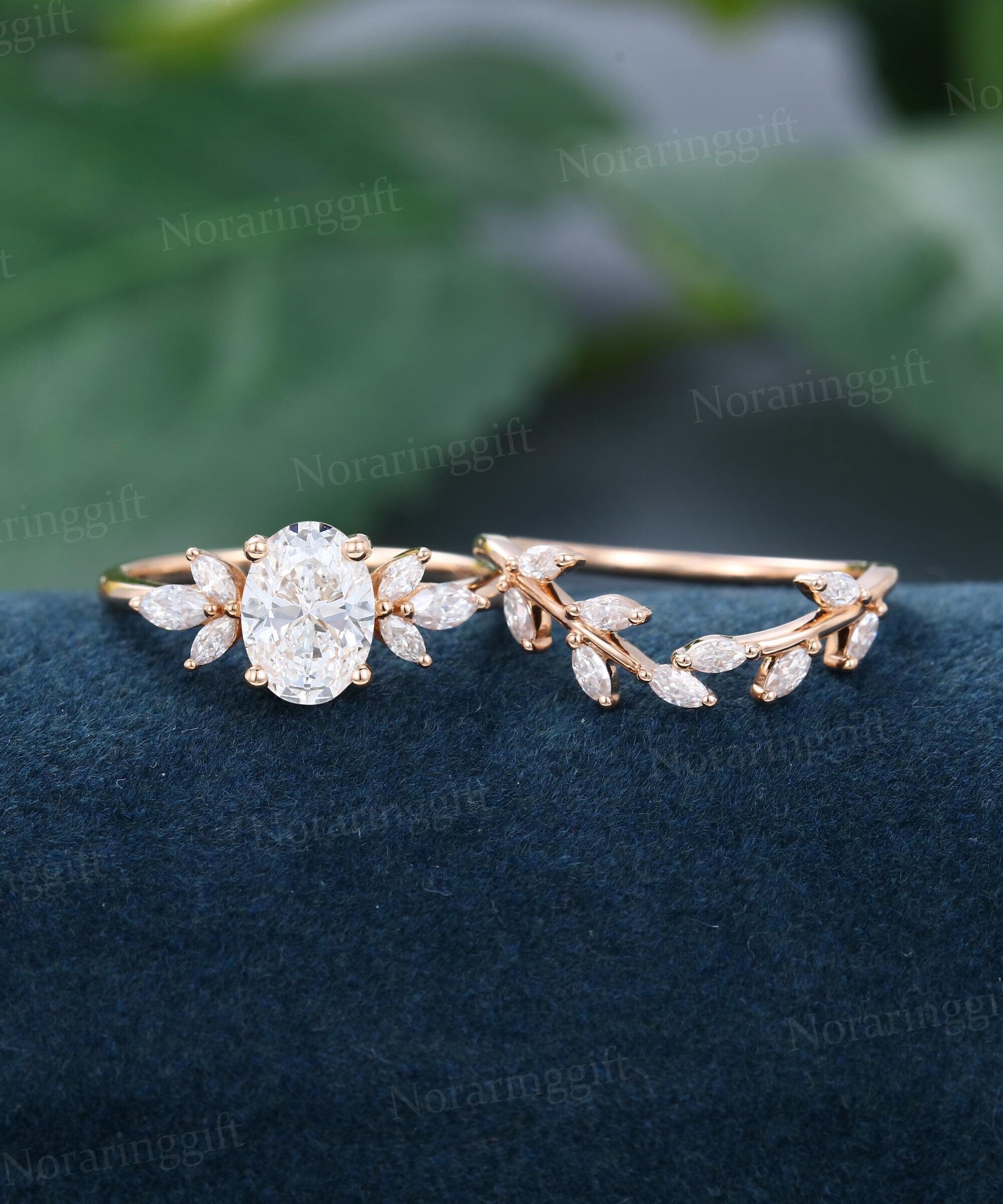 Oval cut Lab grown Diamond engagement ring set vintage Unique rose gold ring Leaf Branch ring Marquise ring wedding ring set Bridal ring set