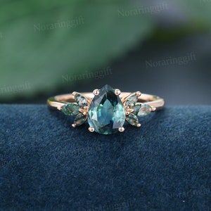 Pear Shaped Green Blue Sapphire Engagement Ring Set Vintage - Etsy