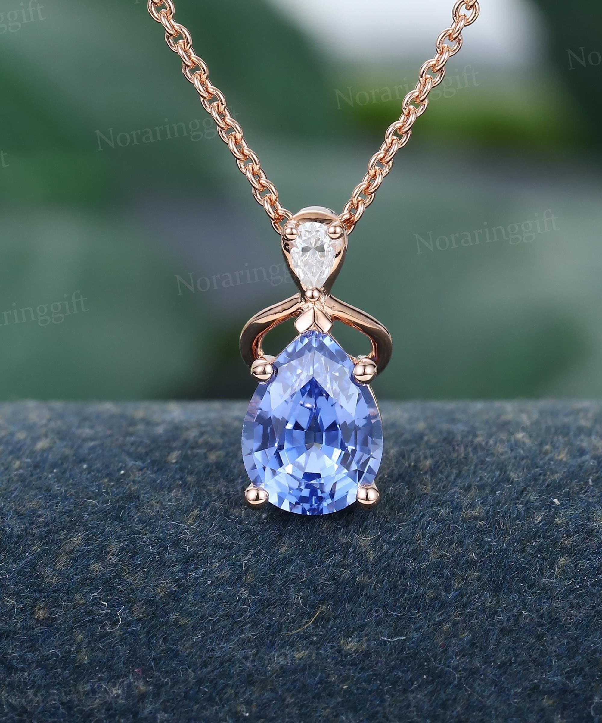 Unique Pear Cornflower Blue Sapphire Pendant Vintage Rose Gold