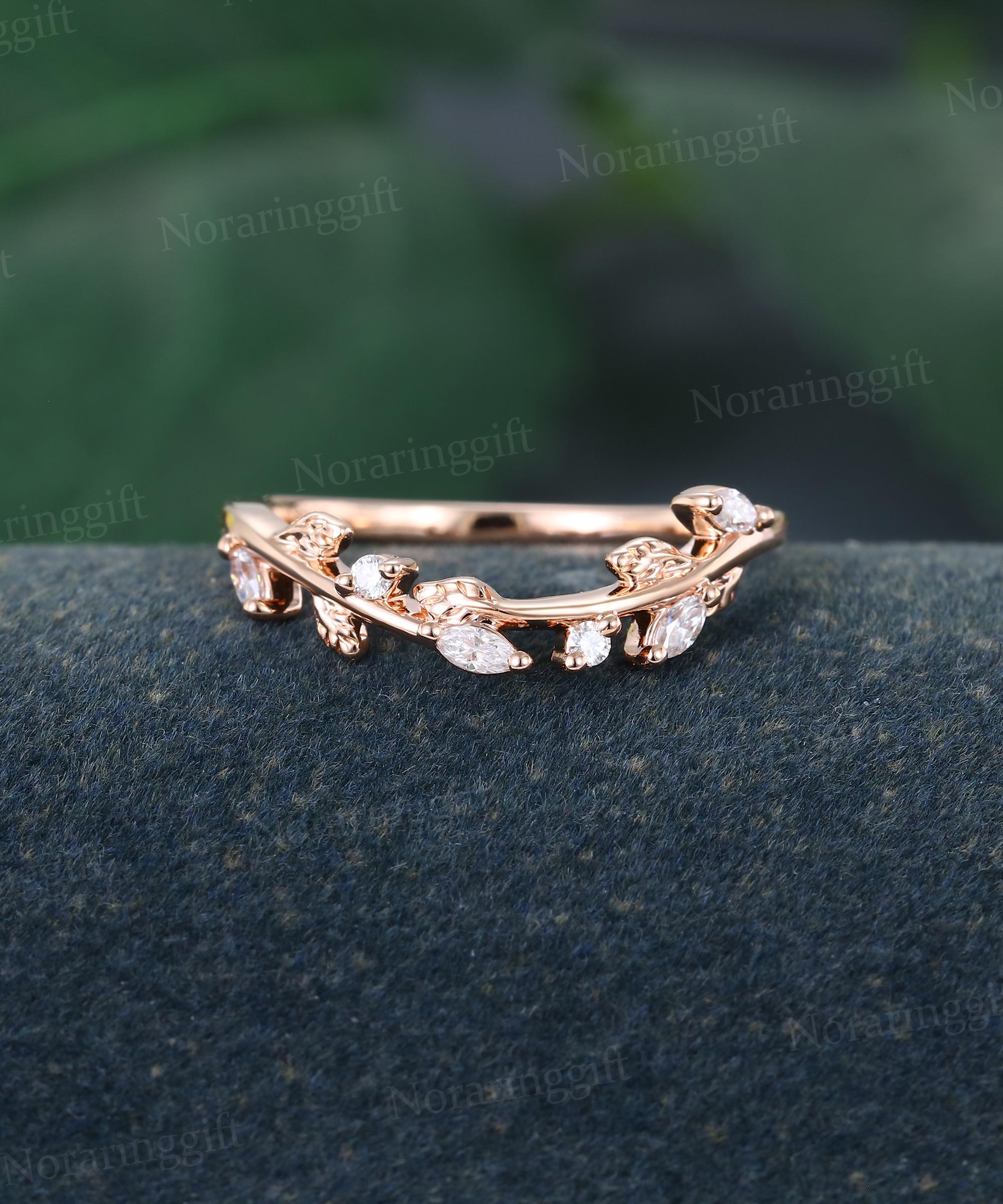 Marquise Cut Moissanite Curved Wedding Band Vintage Rose Gold Ring