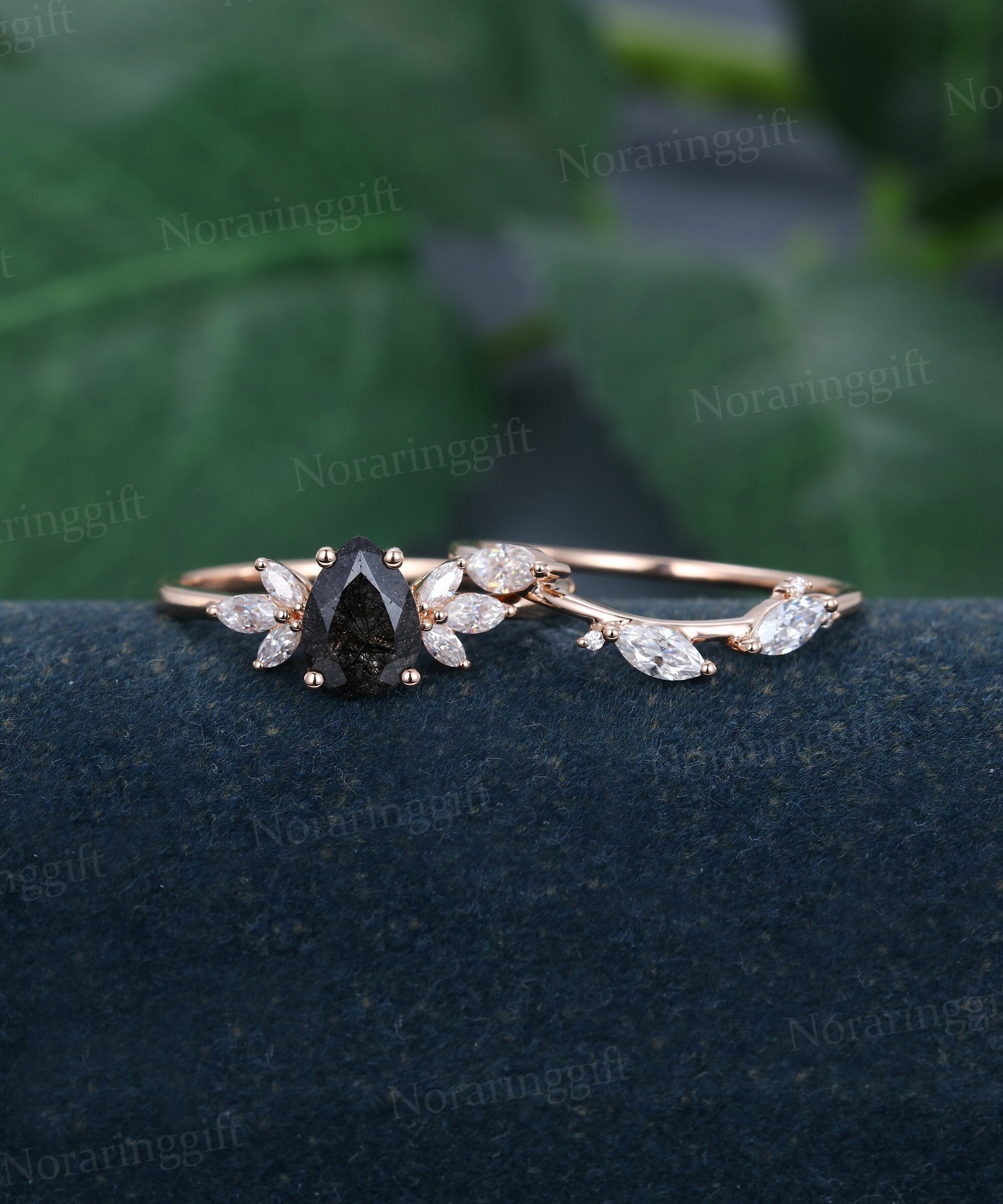 Pear shaped Black Rutilated Quartz Engagement ring set Unique rose gold Moissanite ring Marquise Diamond wedding Bridal dainty promise ring