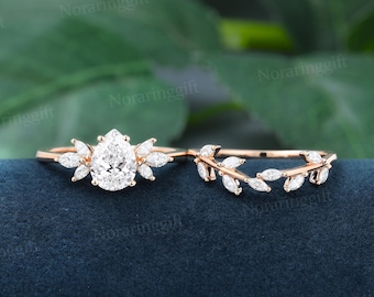 Pear shaped 1ct Lab grown Diamond engagement ring set vintage Unique rose gold ring Leaf Branch band Marquise ring wedding Bridal ring set