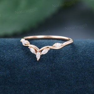 Marquise Cut Moissanite Curved Wedding Band Vintage Delicate Rose Gold ...