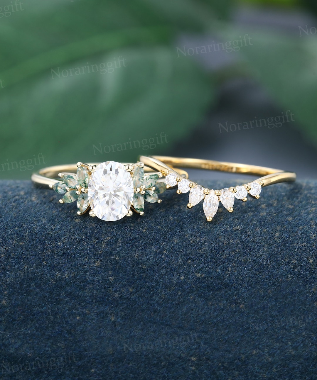 Oval Cut Moissanite Engagement Ring Set Vintage Yellow Gold Moss Agate ...