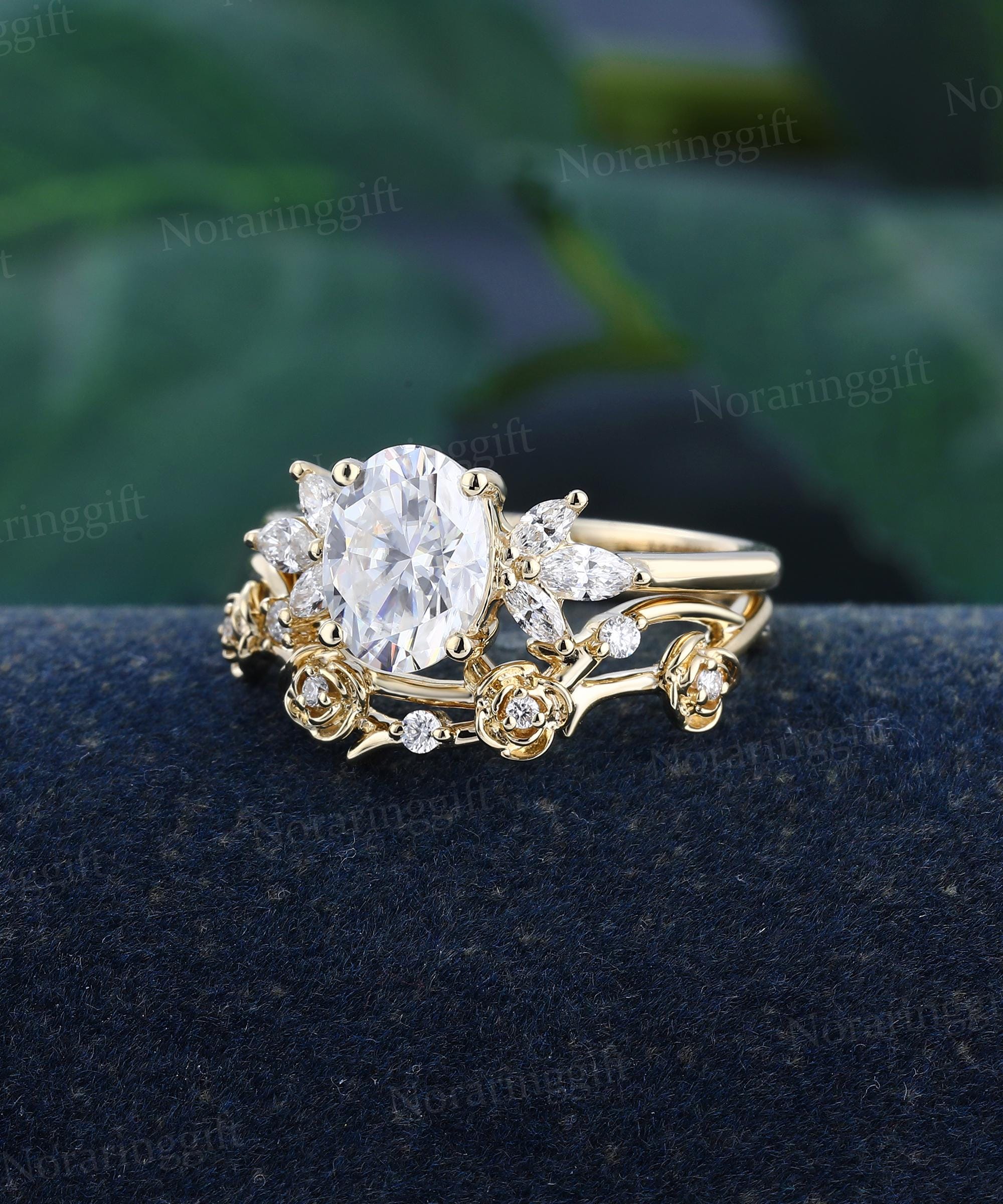 Oval Cut Moissanite Engagement Ring Set Vintage Unique Yellow Gold Ring ...