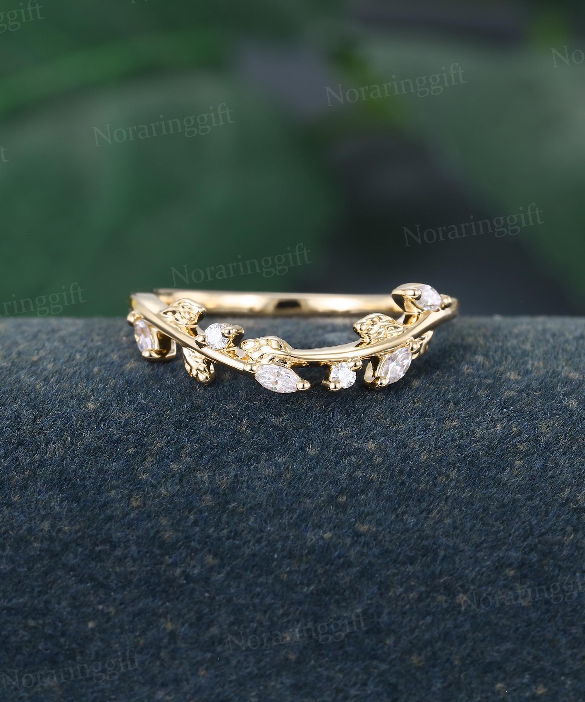 Marquise Cut Moissanite Curved Wedding Band Vintage Rose Gold Ring