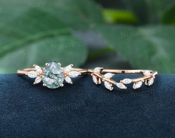 Pear shaped Moss Agate engagement ring set vintage Unique rose gold Branch ring Marquise moissanite diamond wedding set Anniversary ring