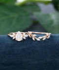 Pear shaped Moissanite engagement ring set vintage Unique rose gold ring Branch band Marquise diamond ring Cluster wedding ring Bridal set