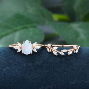 Päronformad opal förlovningsring set vintage roséguld moissanit vigselring marquise slipad diamant bröllopsring brudjubileumsring
