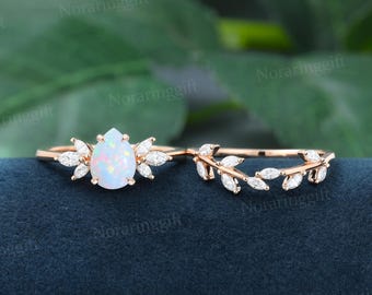 Pear shaped Opal engagement ring set vintage rose gold moissanite wedding ring Marquise cut diamond wedding set Bridal Anniversary ring