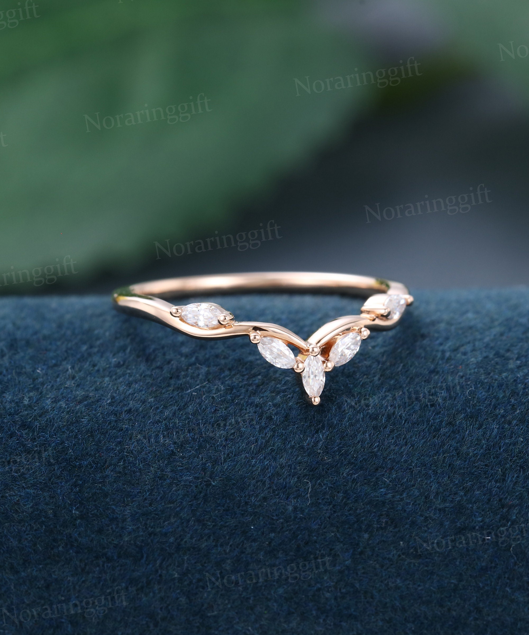 Marquise Cut Moissanite Curved Wedding Band Vintage Delicate Rose Gold ...