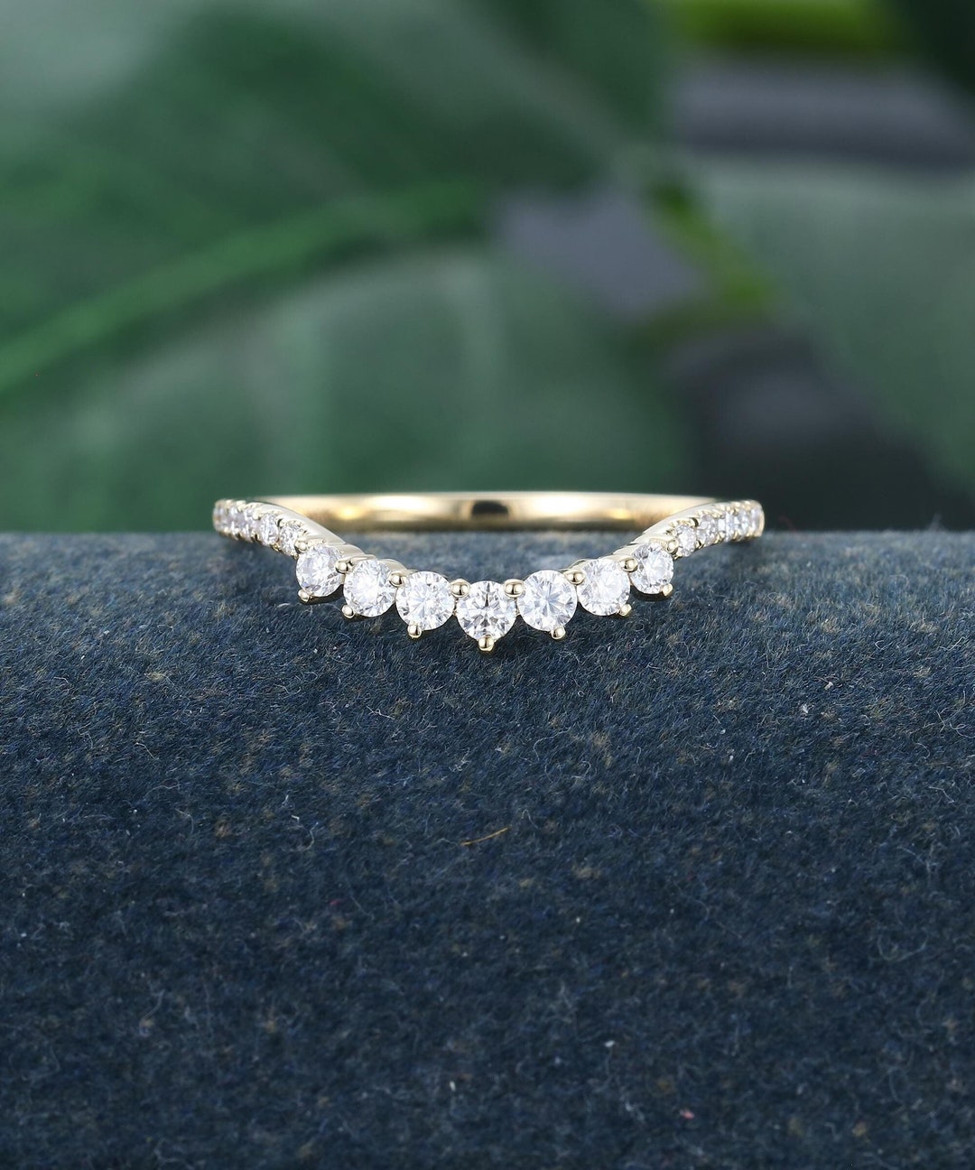 Unique Moissanite Curved Wedding Band Yellow Gold Ring Diamond Ring ...