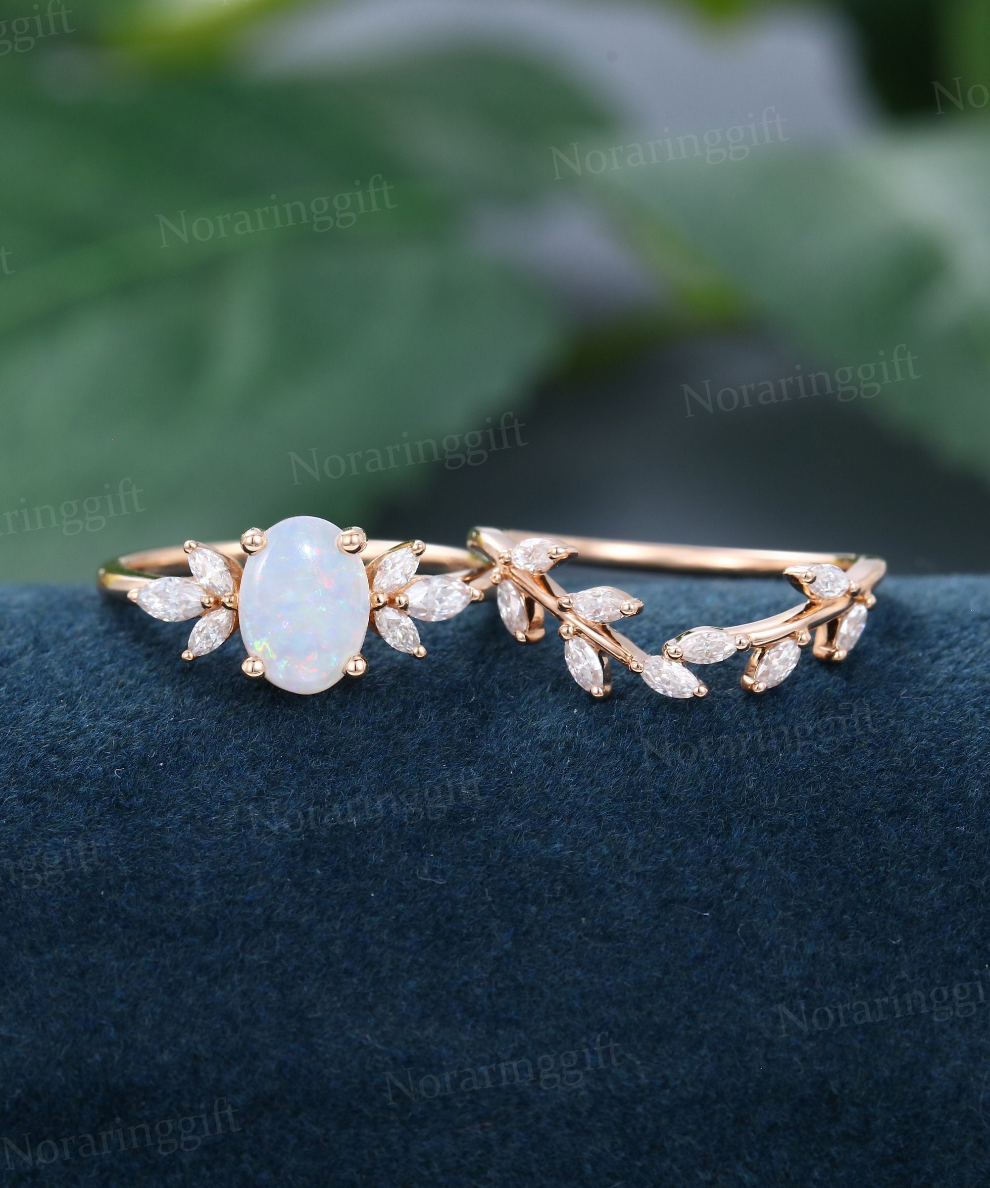 Oval Opal Verlobungsring Set Vintage Rosegold Ehering Diamant im Marquiseschliff Zierliche Hochzeitsringe