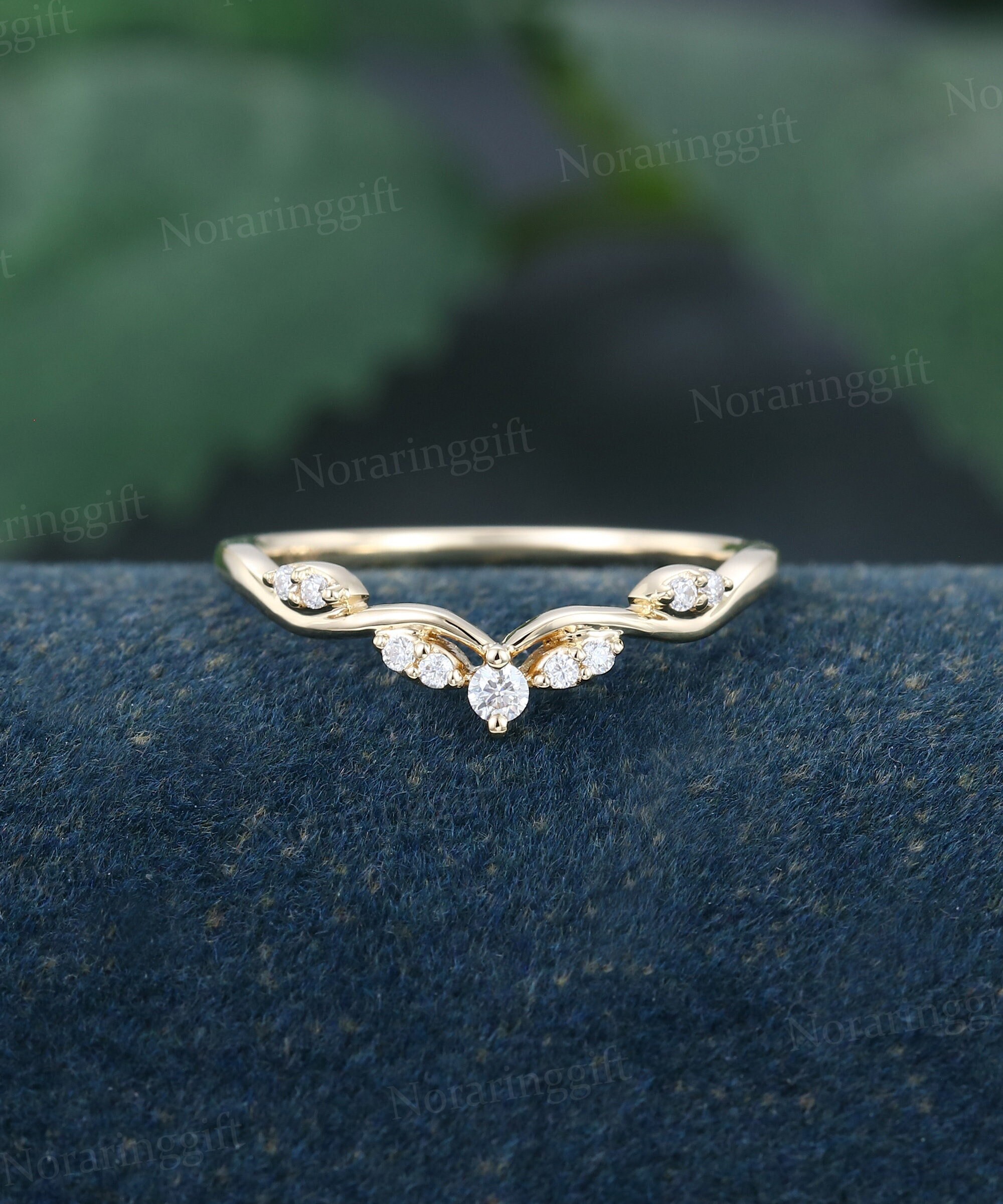 Unique Moissanite Curved Wedding Band Delicate Yellow Gold Wedding Ring ...
