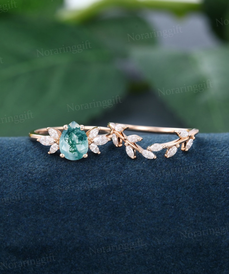 Pear shaped Moss Agate engagement ring set vintage Unique rose gold Branch engagement set Marquise diamond Cluster wedding set Bridal set image 1