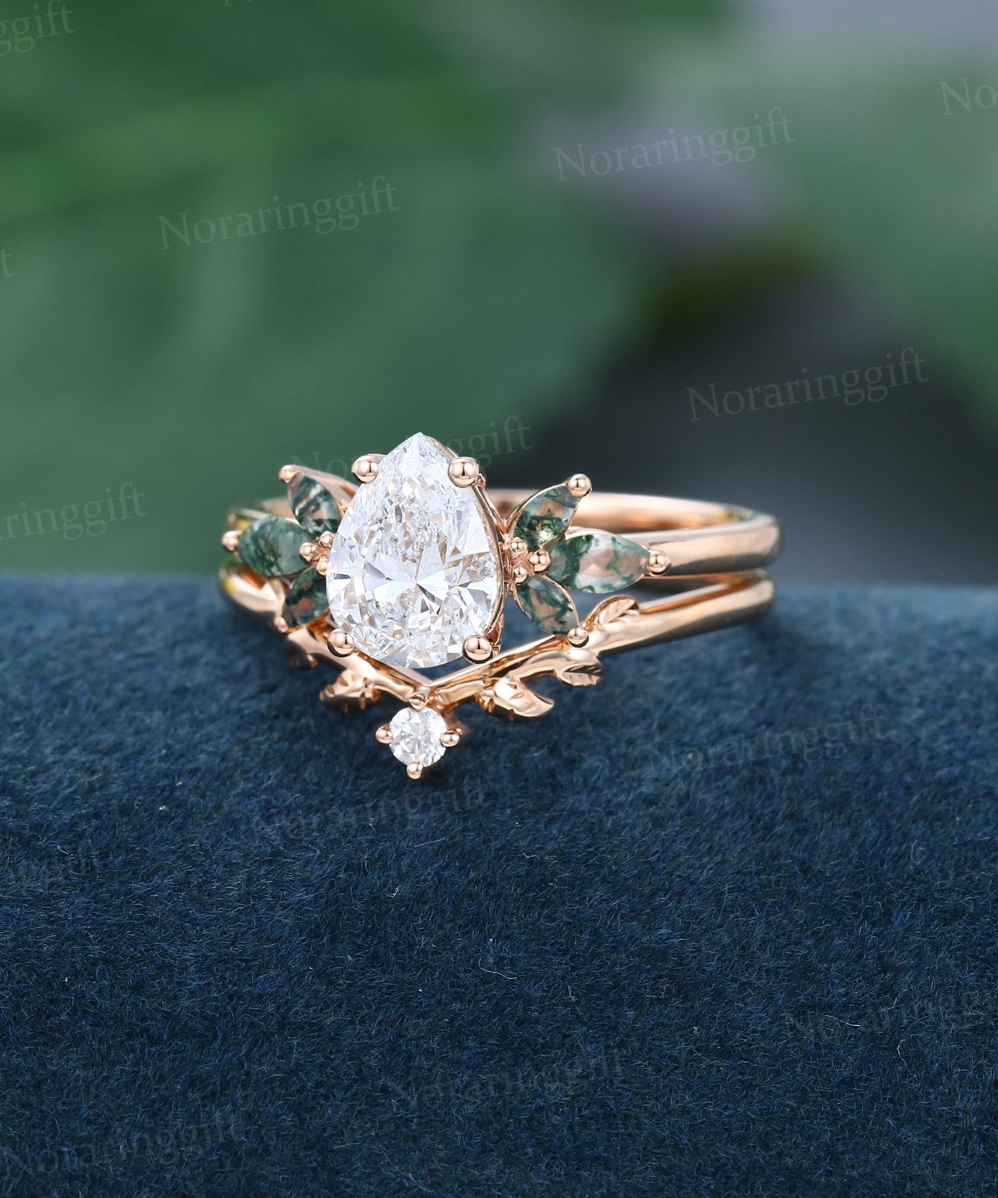Pear 1ct Lab Grown Diamond Engagement Ring Set Vintage Rose Gold