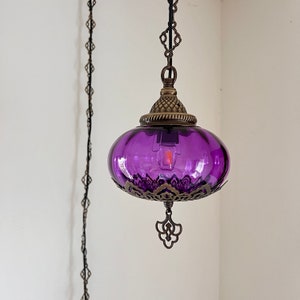 Swag Lamp, Plug in Pendant Light, Hanging Lamp, 15ft Chain Cord, On/Off Switch, E-12 Bulb Included, Turkish Ceiling Glass Lamps Purple