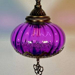 Plug in Pendant Light, Purple Hanging Turkish Lamp, 15ft Chain Cord, On/Off Switch, E-12 Bulb Included Purple Glass Ceiling Lamps