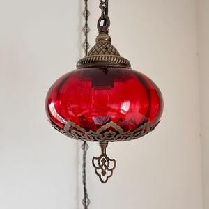 Plug-in Red Pendant Light, Swag Light Chain Cord Hanging Glass Lamp, Turkish Ceiling Lights, Red Hanging Lamps