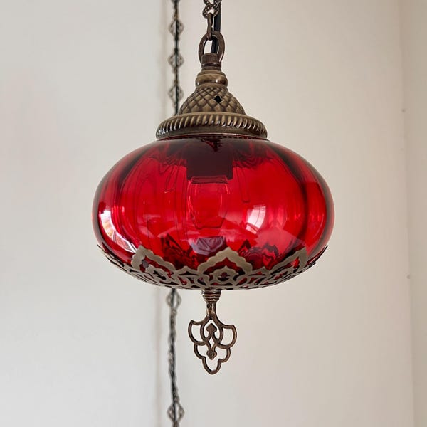 Red Turkish Plug-in Pendant Light: Handblown Glass Swag Lamp