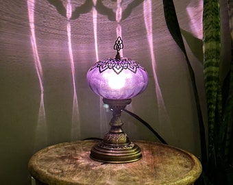 Glass Table Lamp, Purple Lamps,Moroccan Style Purple Glass Lamp, Unique Nightstand Decor, Plug-In Reading Light