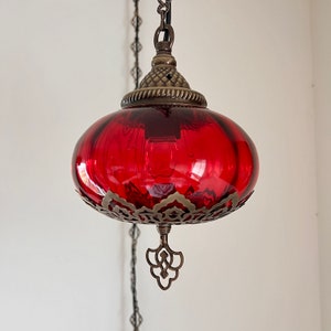 Swag Lamp, Plug in Pendant Light, Hanging Lamp, 15ft Chain Cord, On/Off Switch, E-12 Bulb Included, Turkish Ceiling Glass Lamps Red