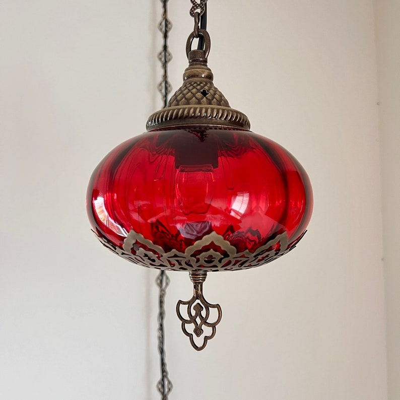 Swag Lamp, Plug in Pendant Light, Hanging Lamp, 15ft Chain Cord, On/Off Switch, E-12 Bulb Included, Turkish Ceiling Glass Lamps Red