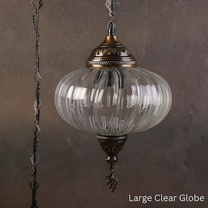 Plug in Pendant Light, Purple Hanging Turkish Lamp, 15ft Chain Cord, On/Off Switch, Clear Glass Swag Lamp