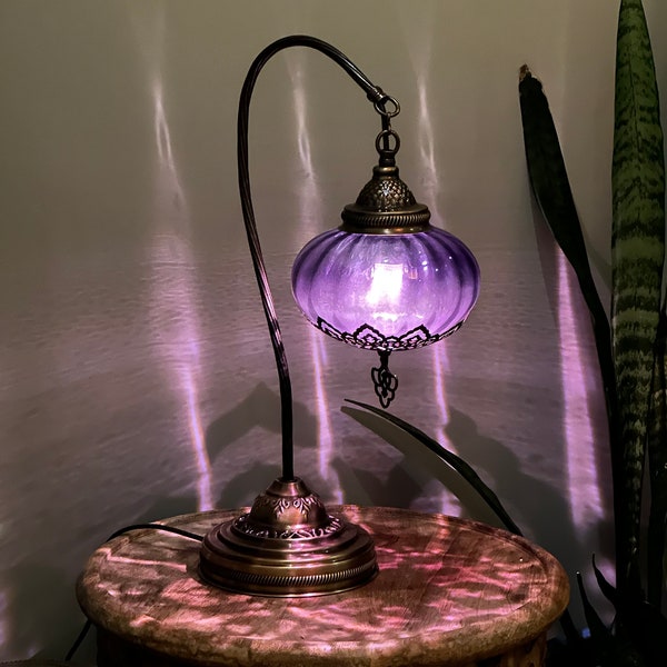 Purple Glass Lamp, Swan Neck Turkish Night Light, Decorative Lamps, Bedroom Vintage Lamp, Unique Bedside Lighting, E12 Bulb Included