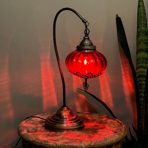 Red Lamp for Tables, Turkish Lamps, Swan Neck Reading Lamp, Bedroom lamps for Nightstand, Unique Desk Lamp, Red Plug in Night Light, Gifts