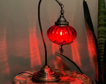 Turkish Traditional Table Lamp, Red Glass Antique Brass Nightstand Night Light, Bedroom Side Lamp, Red Buffet Lamp